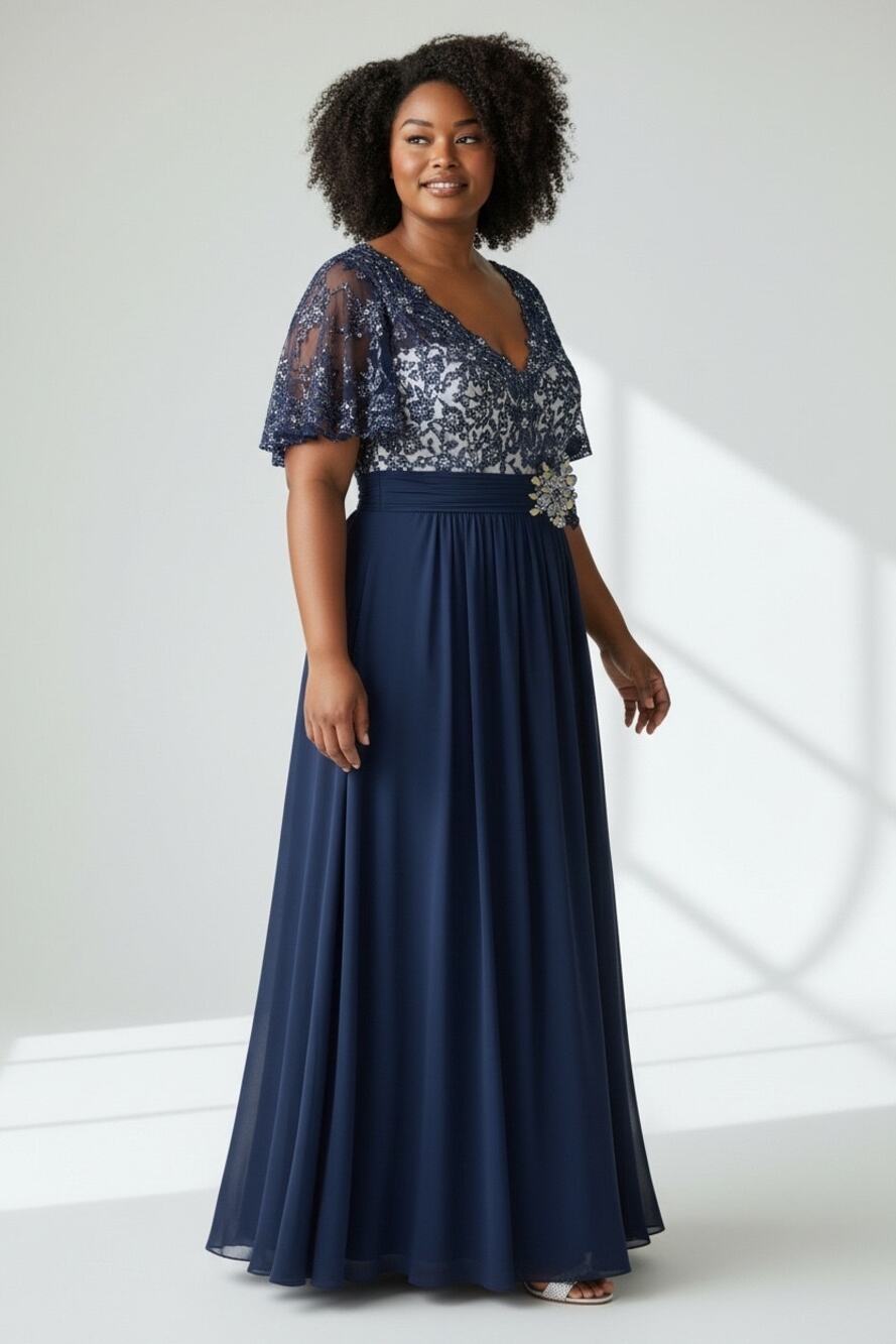 Size 16 Navy Blue Sequin Lace Bodice Formal Evening Gown Dress